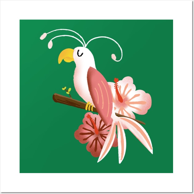 White and Pink Tropical Bird with Hibiscus Flowers Wall Art by ksrogersdesigns